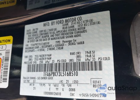 2020 Ford Mustang Gt Fastback from USA, damaged, VIN 1FA6P8CF3L5168510